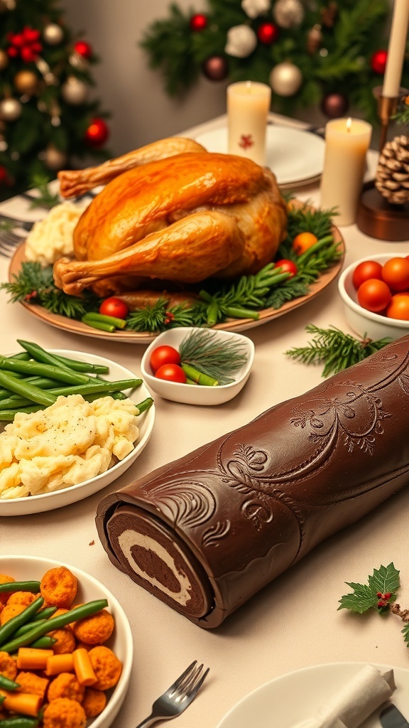 A festive Christmas dinner spread with turkey, mashed potatoes, green bean casserole, and yule log.